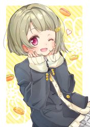 Rule 34 | 1girl, :d, absurdres, blazer, blunt bangs, blush, brown hair, buttons, clothes lift, dress, hacosumi, hair ornament, hairclip, hands on own cheeks, hands on own face, highres, jacket, long sleeves, looking to the side, love live!, love live! nijigasaki high school idol club, nakasu kasumi, neck ribbon, nijigasaki school uniform, one eye closed, open mouth, pink eyes, plaid, plaid skirt, pleated dress, ribbon, school uniform, short hair, skirt, skirt lift, sleeves past wrists, smile, solo, sweater under jacket