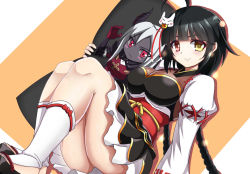 Rule 34 | ahoge, ara haan, ara han, black hair, body pillow, braid, breasts, brother and sister, cleavage, colored skin, elsword, heterochromia, legs together, little specter (elsword), long hair, long image, pillow, ran (elsword), siblings, simple background, sitting, smile, solo, tagme, tall image, thighs, twin braids, wide image, zetsuei (zetto)