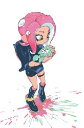 Rule 34 | &gt; &lt;, 1other, agent 3 (splatoon), agent 8 (splatoon), boots, brown eyes, carrying, highres, ink, inkling, inkling player character, lantern madoyoi, miniskirt, nintendo, octoling, octoling girl, octoling player character, pink hair, pointy ears, simple background, skirt, splatoon (series), splatoon 2, splatoon 2: octo expansion, standing, suction cups, tentacle hair, tentacles, unconscious