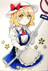 Rule 34 | 1girl, apron, blonde hair, blouse, blue skirt, bow, closed mouth, collared shirt, commentary, elbow gloves, frilled apron, frilled gloves, frilled shirt collar, frilled sleeves, frills, gloves, happy, hat, hat bow, highres, holding, holding sign, kana anaberal, maa (forsythia1729), marker (medium), medium hair, no symbol, puffy short sleeves, puffy sleeves, red bow, red ribbon, ribbon, road sign, shirt, short sleeves, sign, simple background, skirt, smile, sun hat, suspender skirt, suspenders, touhou, traditional media, waist apron, wavy hair, white background, white gloves, white hat, white legwear, white shirt, yellow eyes