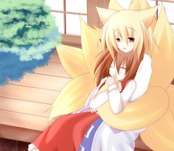 Rule 34 | 2girls, animal ears, blonde hair, brown hair, cat ears, cat girl, cat tail, chen, female focus, fox ears, fox tail, holding, hug, hug from behind, hugging another&#039;s tail, hugging tail, kyuubi (artist), long hair, multiple girls, multiple tails, no headwear, porch, sitting, sitting on lap, sitting on person, tail, touhou, veranda, yakumo ran, yellow eyes
