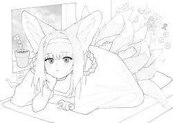 Rule 34 | 1girl, animal ears, arknights, barefoot, blanket, blush, braid, braided hair rings, cloud, cloudy sky, collarbone, commentary request, doctor (arknights), flower, flower pot, fox ears, fox girl, fox tail, hair rings, hairband, highres, indoors, kitsune, kyuubi, lily of the valley, looking at viewer, lying, multiple tails, on stomach, parted lips, shirt, sky, soda (sod4), soles, solo, suzuran (arknights), tail, twin braids, window