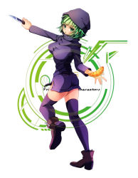 Rule 34 | 1girl, artist request, black thighhighs, cantaloupe, dark-skinned female, dark skin, food, fruit, full body, green eyes, green hair, holding, holding weapon, holster, hood, isis-chan, knife, leg up, long sleeves, looking back, matching hair/eyes, melon, open mouth, original, short hair, shoulder holster, solo, thighhighs, weapon