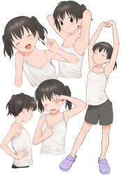 Rule 34 | 1girl, ^ ^, absurdres, armpits, arms up, bare arms, bare shoulders, black hair, black pants, camisole, camisole pull, choppy bangs, closed eyes, closed mouth, clothes pull, collarbone, commentary, crocs, from side, full body, hand on own hip, hand up, highres, kuraue hinata, leaning to the side, light blush, looking at viewer, meis (terameisu), multiple views, open mouth, pants, pulling own clothes, purple footwear, short twintails, simple background, standing, stretching, sweat, twintails, v, white background, white camisole, yama no susume
