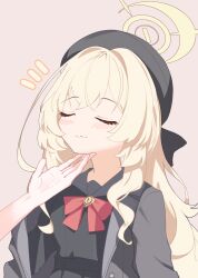 Rule 34 | 1girl, 1other, absurdres, black hat, black shirt, blonde hair, blue archive, blush, bow, bowtie, closed eyes, closed mouth, coat, dress, grey jacket, halo, hat, highres, jacket, long hair, long sleeves, mooruck4, open clothes, open jacket, out of frame, professor niyaniya (blue archive), red bow, red bowtie, shirt, simple background, smile, solo focus, upper body