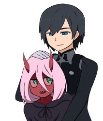 Rule 34 | 10s, 1boy, 1girl, black bodysuit, black cloak, black hair, blue eyes, bodysuit, cloak, colored sclera, colored skin, commentary request, couple, darling in the franxx, ericgod38, fringe trim, gloves, green eyes, hand on another&#039;s head, hiro (darling in the franxx), hood, hooded cloak, horns, hug, hug from behind, long hair, oni horns, parka, pilot suit, pink hair, red horns, red pupils, red sclera, red skin, short hair, white gloves, aged down, zero two (darling in the franxx)