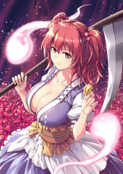 Rule 34 | 1girl, absurdres, breasts, cleavage, coin, collarbone, fish.boy, flower, hair bobbles, hair ornament, highres, hitodama, holding, holding scythe, large breasts, lily (flower), looking at viewer, onozuka komachi, puffy short sleeves, puffy sleeves, red eyes, red hair, scythe, short hair, short sleeves, solo, spider lily, touhou, two side up