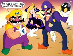 Rule 34 | 1girl, 2boys, absurdres, animal ears, bad tag, bare shoulders, biceps, big nose, black dress, black footwear, black gloves, blonde hair, blue eyes, blue overalls, bob-omb, bomb, boots, bracelet, brooch, cabbie hat, cleft chin, clenched teeth, cliff, crown, dress, elbow gloves, explosive, facial hair, fake animal ears, fang, gloves, green footwear, grimace, hair over one eye, hat, highres, holding, holding bomb, hood, hood up, hooded dress, hunched over, initial, jewelry, kneeling, latex, latex dress, leather dress, letter print, light blush, long hair, long sleeves, mario (series), mario power tennis, mario tennis, mini crown, multiple boys, muscular, mustache, nico-neko, nintendo, orange footwear, overalls, petite, pink gemstone, platform boots, platform footwear, pointing, pointing at self, pointy ears, pointy footwear, protecting, purple footwear, purple gloves, purple headwear, purple overalls, purple shirt, shirt, short hair, short sleeves, skinny, sleeveless, sleeveless dress, spiked bracelet, spikes, sunset, surprised, teeth, thigh boots, thumbs up, waluigi, wario, warupeach, white gloves, yellow headwear