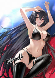 Rule 34 | 1girl, armpits, arms up, artist name, azur lane, bikini, black bikini, black choker, black hair, black thighhighs, breasts, choker, cleavage, female focus, hair between eyes, highres, large breasts, leg up, lens flare, long hair, looking at viewer, maoyao-ll, multi-strapped bikini, navel, one side up, parted lips, red eyes, signature, smile, solo, stomach, swimsuit, taihou (azur lane), taihou (enraptured companion) (azur lane), thigh strap, thighhighs, very long hair