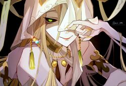 Rule 34 | 1other, androgynous, antlers, armlet, black background, black sclera, blonde hair, closed mouth, collar, colored sclera, extra arms, fingernails, gold collar, green eyes, hair between eyes, hair flowing over, hand on own arm, hand up, highres, honkai: star rail, honkai (series), horns, long fingernails, long hair, one eye covered, other focus, pinky out, red lips, robe, sharp fingernails, shino (moi 0142), simple background, sleeveless, slit pupils, smile, solo, tassel, tree horns, upper body, veil, veil over one eye, white robe, white veil, yaoshi (honkai: star rail), yellow gemstone, yellow nails