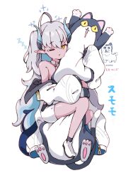 Rule 34 | 1girl, :o, black socks, blue archive, body pillow, colored inner hair, full body, grey hair, highres, horns, hugging object, jacket, long hair, long sleeves, looking at viewer, multicolored hair, off shoulder, one eye closed, pillow, pillow hug, pointy ears, puffy long sleeves, puffy sleeves, shirt, shoes, short shorts, shorts, sleepy, sleeveless, sleeveless shirt, socks, solo, squeans, sumomo (blue archive), tail, tearing up, translation request, uni gyoza, very long hair, white footwear, white jacket, white shorts, yellow eyes, zzz