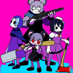 4girls absurdres animal_ear_fluff animal_ears axe baseball_bat black_eyes black_footwear black_hair black_skirt black_vest blue_hair blue_hood blush breasts closed_eyes closed_mouth colored_skin commentary_request cookie_(touhou) dress dual_persona expressionless fire_axe flour_(cookie) full_body grey_hair grey_shirt gun highres holding holding_axe holding_baseball_bat holding_cleaver holding_gun holding_weapon hood hood_up kumoi_ichirin long_sleeves looking_at_viewer mask masked medium_breasts milk_(cookie) mouse_ears mouse_girl mouse_tail muimui_(4242564muimui) multiple_girls murasa_minamitsu nazrin nyon_(cookie) open_mouth pink_background purple_dress red_eyes self_cosplay shirt shoes short_hair shorts shotgun simple_background skirt skirt_set smile tail touhou vest weapon white_shirt white_shorts white_skin