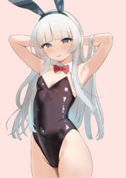 Rule 34 | 1girl, alternate costume, animal ears, arms up, black leotard, blunt bangs, blush, bow, bowtie, breasts, closed mouth, covered navel, detached collar, fake animal ears, grey eyes, grey hair, hands in hair, highleg, highleg leotard, kantai collection, leotard, long hair, pink background, playboy bunny, rabbit ears, red bow, red bowtie, sakieko, shirakumo (kancolle), simple background, small breasts, solo, strapless, strapless leotard, very long hair