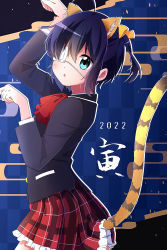 Rule 34 | 1girl, 2022, :o, ahoge, animal ears, arm up, black jacket, blue background, blush, bow, bowtie, chuunibyou demo koi ga shitai!, eyepatch, frilled skirt, frills, from side, green eyes, hair ribbon, hand up, happy new year, highres, icho private high school uniform, jacket, long sleeves, looking at viewer, magupimu, medical eyepatch, new year, one side up, outline, plaid, plaid skirt, pleated skirt, red bow, red bowtie, red skirt, ribbon, school uniform, short hair, skirt, solo, tail, takanashi rikka, tiger ears, tiger girl, tiger tail, translation request, white outline, yellow ribbon