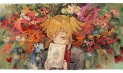 Rule 34 | 1girl, blonde hair, blue flower, blush, bow, bowtie, breast pocket, closed eyes, closed mouth, collared shirt, daiba nana, faux traditional media, floral background, flower, green ribbon, grey jacket, hair ribbon, hands up, highres, holding, holding notebook, jacket, kozukue (estsuk), letterboxed, notebook, orange flower, pink flower, pocket, red bow, red bowtie, red flower, ribbon, school uniform, seishou music academy uniform, shirt, short hair, short twintails, shoujo kageki revue starlight, smile, solo, twintails, upper body, white flower, white shirt, yellow flower