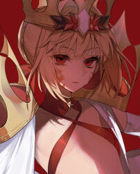 Rule 34 | 1girl, bikini, blonde hair, braid, breasts, criss-cross halter, crown, elbow gloves, facial mark, fate/grand order, fate (series), french braid, gloves, hair bun, hair intakes, hair ribbon, halterneck, highres, long hair, looking at viewer, nero claudius (fate), nero claudius (fate) (all), open clothes, parted bangs, pointy ears, queen draco (fate), queen draco (second ascension) (fate), red bikini, red eyes, red ribbon, ribbon, robe, single glove, small breasts, solo, swimsuit, uxco0, white gloves, white robe