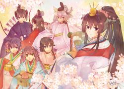 Rule 34 | 6+girls, :o, absurdres, akagi (kancolle), akebono (kancolle), alternate costume, arrow (projectile), asagumo (kancolle), bell, black hair, blue eyes, bow, braid, brown eyes, brown hair, cherry blossoms, commentary request, floral background, flower, glasses, green eyes, hair bell, hair flaps, hair flower, hair ornament, hair ribbon, hand fan, headgear, highres, hinamatsuri, japanese clothes, jingle bell, kaga (kancolle), kantai collection, long hair, looking at viewer, multiple girls, musashi (kancolle), open mouth, paper fan, purple eyes, purple hair, revision, ribbon, saishi, shigure (kancolle), short hair, side braid, side ponytail, silver hair, smile, twintails, yamato (kancolle), yanami (yanayana company)