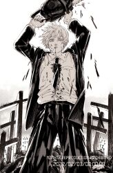 Rule 34 | 1boy, arms up, bad link, blonde hair, blood, blood on clothes, chainsaw, chainsaw man, cross, denji (chainsaw man), english text, expressionless, formal, highres, nazo no hito, necktie, pants, shirt, simple background, standing, suit, upper body, white shirt