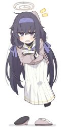 Rule 34 | 1girl, black hair, blue archive, blue necktie, blush, book, hugging book, cardigan, dot nose, floating, hairband, halo, highres, holding, holding book, jewelry, kamo (kamonabe 44), long hair, long skirt, long sleeves, low twintails, necklace, necktie, notice lines, hugging object, open mouth, purple eyes, raised eyebrows, sailor collar, simple background, skirt, slippers, unworn slippers, solo, twintails, ui (blue archive), very long hair, white background, white skirt
