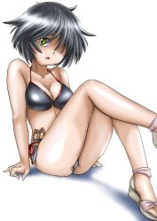 Rule 34 | 1girl, :o, arm support, bikini, black hair, breasts, cleavage, green eyes, hair over one eye, highres, karasuke d, nazo no kanojo x, o-ring, o-ring top, object in clothes, object in swimsuit, sandals, scissors, short hair, side-tie bikini bottom, solo, swimsuit, urabe mikoto