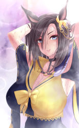 Rule 34 | 1girl, air groove (umamusume), anetani kiki, animal ears, armpits, arms behind head, arms up, black hair, blue eyes, blurry, blurry background, bow, breasts, eyeliner, highres, horse ears, large breasts, looking at viewer, makeup, messy hair, nervous sweating, open mouth, parted lips, purple background, red eyeliner, smile, steam, sweat, umamusume, very sweaty