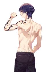 Rule 34 | 1boy, arm tattoo, back tattoo, black nails, closed mouth, from behind, genshin impact, highres, instagram username, male focus, mitsudomoe (shape), nail polish, purple eyes, purple hair, rourouki, scar, scar on back, scaramouche (genshin impact), short hair, simple background, smile, smug, solo, standing, tattoo, tomoe (symbol), topless male, tramp stamp, twitter username, white background