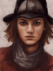 Rule 34 | 1girl, black hat, black scarf, brown background, brown hair, expressionless, hat, hot pants (sbr), jojo no kimyou na bouken, lips, looking at viewer, pekanpeka, portrait, realistic, scarf, simple background, solo, steel ball run