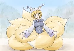 Rule 34 | 1girl, animal hat, aor saiun, blonde hair, breasts, commentary request, expressive clothes, female focus, fox tail, hat, long sleeves, looking at viewer, mob cap, multiple tails, nature, outdoors, mob cap, plant, short hair, sky, solo, tabard, tail, tassel, touhou, translation request, wide sleeves, yakumo ran, yellow eyes