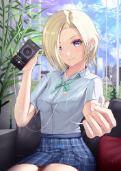 Rule 34 | 1girl, absurdres, birthday, blonde hair, breasts, building, cellphone, cloud, cloudy sky, commentary, couch, earclip, earphones, eyes visible through hair, highres, looking at viewer, love live!, love live! nijigasaki high school idol club, love live! school idol festival all stars, mia taylor, nijigasaki academy school uniform, notinversion, phone, plant, purple eyes, school uniform, short hair, sitting, sky, small breasts, smartphone, solo, twitter username