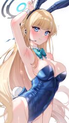 Rule 34 | 1girl, absurdres, animal ears, arm up, armpits, bare shoulders, blonde hair, blue archive, blue eyes, blue leotard, blush, breasts, cleavage, closed mouth, detached collar, earpiece, fake animal ears, fake tail, hair ribbon, highleg, highleg leotard, highres, large breasts, leotard, long hair, looking at viewer, official alternate costume, playboy bunny, rabbit ears, rabbit tail, ribbon, smile, solo, strapless, strapless leotard, tail, toki (blue archive), toki (bunny) (blue archive), very long hair, wrist cuffs, yayoi maka