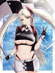 Rule 34 | 1girl, absurdres, azur lane, black gloves, black jacket, black tank top, blush, breasts, crop top, flag, gloves, highres, holding, holding flag, jacket, kcar66t, large breasts, long hair, looking at viewer, miniskirt, navel, official alternate costume, open clothes, open jacket, open mouth, petals, prinz eugen (azur lane), prinz eugen (final lap) (azur lane), race queen, silver hair, simple background, skirt, smile, solo, standing, tank top, twintails, underboob, v, very long hair, white skirt, yellow eyes