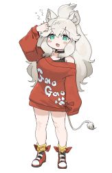 Rule 34 | 1girl, animal ears, big hair, black choker, black undershirt, blue eyes, blush, choker, commentary request, dress, fang, full body, highres, hood, hoodie, kemono friends, kemono friends 3, lion ears, lion girl, lion tail, long hair, long sleeves, official alternate costume, open mouth, red footwear, red hoodie, shoes, simple background, sleeves past wrists, sneakers, socks, solo, spawnfoxy, sweater, sweater dress, tail, white background, white hair, white lion (kemono friends), yellow socks