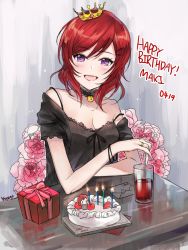 Rule 34 | :d, bad id, bad pixiv id, black shirt, box, bracelet, breasts, cake, character name, choker, cleavage, collarbone, crown, dated, flower, food, gift, gift box, hair between eyes, happy birthday, highres, hyugo, jewelry, long hair, love live!, love live! school idol project, medium breasts, mini crown, nishikino maki, off shoulder, open mouth, pink flower, purple eyes, red hair, ring, shirt, sketch, smile, solo