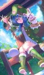 Rule 34 | 1girl, :o, absurdres, animal hood, blue eyes, blue hair, blue sky, cloud, cloudy sky, date a live, day, dutch angle, eyepatch, gore (white gore), green footwear, hair ornament, hand puppet, highres, hood, hoodie, knees together feet apart, long sleeves, puppet, rabbit hood, rabbit puppet, sitting, sky, yoshino (date a live), yoshinon