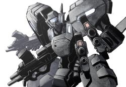 Rule 34 | dual wielding, f-4j gekishin, gun, highres, holding, holding gun, holding weapon, kawasemi alter, looking at viewer, mecha, muv-luv, muv-luv alternative, no humans, robot, science fiction, solo, tactical surface fighter, visor, weapon, white background