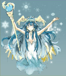Rule 34 | 1girl, absurdres, blue hair, bracelet, breasts, catzz, cleavage, dress, egyptian, closed eyes, hair tubes, hairband, highres, holding, isis (p&amp;d), jewelry, long hair, lots of jewelry, puzzle &amp; dragons, snowflakes, solo, staff, very long hair, white dress, winged hair ornament