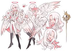 Rule 34 | 1other, :d, ^ ^, androgynous, angel, angel wings, ascot, bad id, bad twitter id, black footwear, boots, braid, closed eyes, coat, cross, gloves, gold trim, halo, highres, knee boots, latin cross, long hair, long sleeves, meremero, multiple views, multiple wings, open mouth, original, pants, rapier, seraph, simple background, sleeve cuffs, smile, sword, weapon, white ascot, white background, white coat, white gloves, white hair, white pants, white theme, white wings, wings