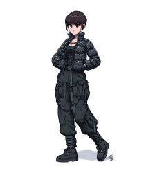 Rule 34 | 1girl, :|, absurdres, black footwear, black jacket, black pants, black shirt, blunt bangs, boots, breasts, brown eyes, brown hair, buckle, buttons, cargo pants, chain, cleavage, closed mouth, collar, collared jacket, commentary, cross-laced footwear, down jacket, expressionless, full body, hands in pockets, highres, jacket, lace-up boots, long sleeves, looking at viewer, loose pants, medium breasts, open clothes, open jacket, original, ostwindprojekt, pants, pocket, rahko (ostwindprojekt), shadow, shirt, short hair, sidelocks, simple background, solo, standing, strap, techwear, white background, zipper