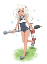 Rule 34 | 10s, 1girl, :d, bare legs, bare shoulders, blonde hair, blue eyes, bracelet, covered navel, crop top, dabozero, flower, hair flower, hair ornament, jewelry, kantai collection, lifebuoy, long hair, looking at viewer, neckerchief, open mouth, ro-500 (kancolle), sailor collar, school swimsuit, slippers, smile, solo, swim ring, swimsuit, swimsuit under clothes, thighs, tongue, torpedo