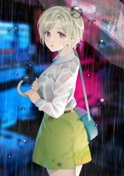 Rule 34 | 1girl, blonde hair, blue bag, blue eyes, blurry, blurry background, carrying bag, collared shirt, commentary request, depth of field, from side, green shorts, highres, holding, holding umbrella, kitazawa (embers), long sleeves, looking to the side, night, original, rain, see-through, shirt, shirt tucked in, short hair, shorts, solo, standing, transparent, transparent umbrella, umbrella, wet, wet clothes, white shirt