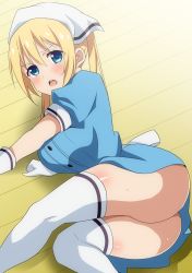 Rule 34 | 1girl, ass, blend s, blonde hair, blue eyes, blush, breasts, gloves, hair between eyes, hara (harayutaka), highres, hinata kaho, large breasts, long hair, looking at viewer, lying, no panties, on side, open mouth, shirt, short sleeves, solo, stile uniform, thighhighs, twintails, very long hair, waitress, white gloves, white thighhighs