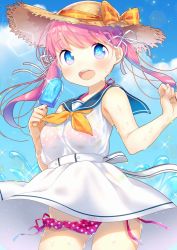 Rule 34 | 1girl, :d, bare arms, bare shoulders, bikini, bikini under clothes, blue eyes, blue sailor collar, blue sky, bow, cloud, commentary request, contrapposto, cowboy shot, day, dress, food, hair ribbon, hat, hat bow, hat ribbon, holding, holding food, long hair, moe2018, neckerchief, open mouth, orange bow, orange neckerchief, orange ribbon, original, outdoors, pink hair, plaid, plaid bow, plaid ribbon, polka dot, polka dot bikini, popsicle, purple bikini, ribbon, sailor collar, sailor dress, side-tie bikini bottom, sky, sleeveless, sleeveless dress, smile, solo, standing, straw hat, suzuki moeko, swimsuit, teeth, twintails, upper teeth only, very long hair, water, wet, wet clothes, white dress, white ribbon