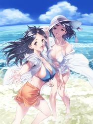 Rule 34 | 2girls, :d, absurdres, beach, bikini, bikini top only, bishojobunko, black hair, blue sky, breasts, brown hair, cleavage, cloud, collarbone, commentary request, covered erect nipples, curved horizon, day, hair between eyes, hand on headwear, hand on own knee, hat, highres, horizon, jacket, large breasts, long hair, looking at viewer, multiple girls, ocean, one-piece swimsuit, open mouth, orange shirt, original, outdoors, outstretched arm, shirt, short hair, sideboob, sky, smile, standing, sun hat, swimsuit, thighs, white bikini, white jacket, white one-piece swimsuit