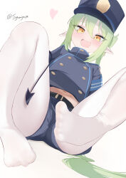 Rule 34 | 1girl, absurdres, armband, belt, black belt, black hat, black jacket, black shorts, black tail, blue archive, blue armband, blush, commentary request, fang, feet, from below, full body, green hair, hair between eyes, hat, heart, highres, jacket, knees up, leaning back, leg up, legs, long hair, long sleeves, looking at viewer, midriff peek, navel, no shoes, nozomi (blue archive), open mouth, pantyhose, peaked cap, shorts, simple background, sitting, skin fang, smug, solo, tail, toes, tsugumiyusa, twintails, twitter username, very long hair, white background, white pantyhose, yellow eyes