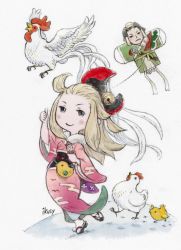 Rule 34 | 1boy, 1girl, animal, bird, blonde hair, blue eyes, bow, bravely default: flying fairy, bravely default (series), chick, chicken, edea lee, geta, hair bow, hair ornament, highres, ikusy, japanese clothes, kimono, kite, nobutsuna kamiizumi, official art, pink kimono, rooster, smile, tabi, thumbs up