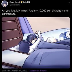 Rule 34 | 1girl, 500 dollar four foot tall mareep (meme), blue eyes, blue hair, character name, commentary, dakimakura (object), dated, english commentary, english text, etkunnn, hololive, hololive english, long sleeves, lying, meme, mirror, narcissism, on bed, on side, ouro kronii, pillow, shirt, short hair, solo, twitter, under covers, virtual youtuber, white shirt