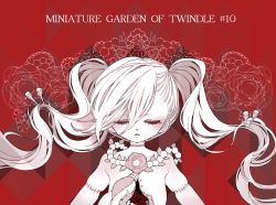 Rule 34 | 1girl, corpse, death, eyelashes, closed eyes, facing viewer, flower, hair ornament, hair spread out, hairpin, long hair, mamaloni, monochrome, original, parted lips, red background, red theme, rose, scar, solo, twintails, upper body