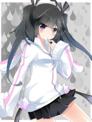 Rule 34 | 1girl, bad id, bad pixiv id, black hair, black skirt, blush, from side, hair ribbon, jacket, kakao (chocolate land), long hair, long sleeves, looking at viewer, mouth hold, original, pleated skirt, purple eyes, ribbon, skirt, sleeves past wrists, solo, track jacket, twintails, water drop