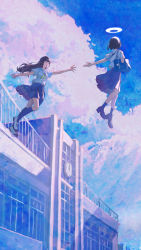 Rule 34 | 2girls, absurdres, bag, black footwear, black hair, black skirt, blue sky, breasts, building, clock, closed eyes, cloud, cloudy sky, commentary, day, facing another, floating, halo, highres, kneehighs, kurohanesawa, loafers, long hair, medium hair, multiple girls, neckerchief, open mouth, original, outdoors, outstretched arm, outstretched hand, pleated skirt, school, school uniform, serafuku, shirt, shoes, short sleeves, shoulder bag, skirt, sky, small breasts, smile, socks, white footwear, white shirt, wide shot, yellow neckerchief