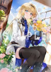 Rule 34 | 1girl, aizawa ema, aqua hair, black footwear, black gloves, black thighhighs, blonde hair, blue eyes, blue necktie, bookshelf, boots, bouquet, closed mouth, cloud, cloudy sky, cross-laced footwear, flower, gloves, gradient hair, holding, holding bouquet, indoors, jacket, knee boots, long hair, long sleeves, looking at viewer, multicolored hair, necktie, official art, sample watermark, sitting, sky, smile, solo, soraneko hino, thighhighs, virtual youtuber, vspo!, watermark, white jacket